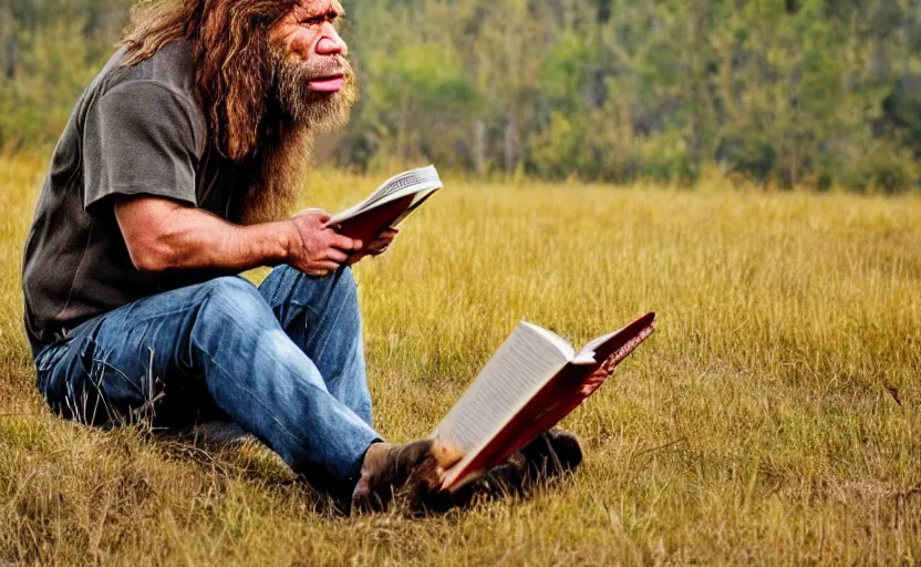 Prompt: made a portrait of neanderthal read science book about him in middle of nowhere, perfect dynamic posture, perfect dynamic pose, perfect dynamic form, pinterest, perfect dynamic position, award winning photo by national geographic, and pulittzer winner, bokeh, reduce duplication interference