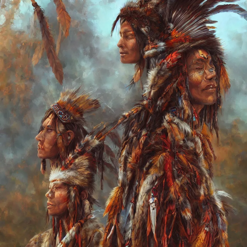 Image similar to native American shamans , beautiful autumn spirit, digital art, concept art, fantasy art, highly detailed, HD wallpaper, artstation, Deviantart, abeyance