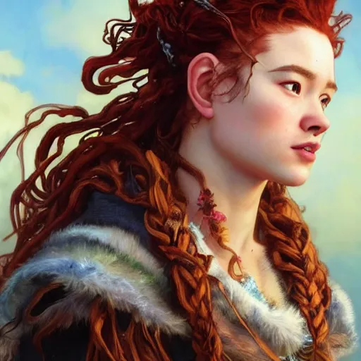 Image similar to Masterpiece head and shoulders Portrait of Aloy from Horizon Zero Dawn with red curly hair drawn by Tom Bagshaw and Donato Giancola, face by Artgerm, overall design by Alphonse Mucha, background by James Jean and Gustav Klimt, light by Julie Bell, 4k, porcelain skin, komorebi, french nouveau, trending on artstation, octane render, hyperrealistic