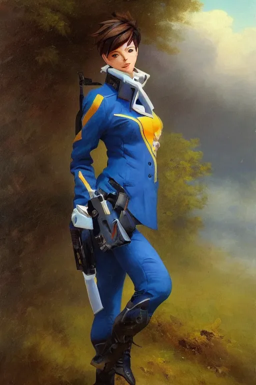 Image similar to oil painting of tracer overwatch in a field wearing blue uniform, in style of ivan aivazovsky, expressive face, detailed face, detailed eyes, full body, feminine face, tracer overwatch,