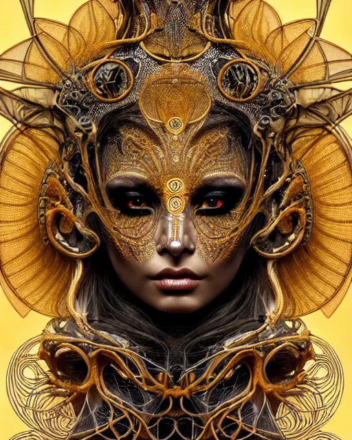 Image similar to hyperrealistic detailed portrait of a beautiful dark goddess in an intricate golden ornamental ritual mask, intricate cyberpunk make - up, insane details, art by ernst haeckel, nekro borja, android jones, alphonso mucha, gothic - cyberpunk, ornamental, beautiful deep colours,