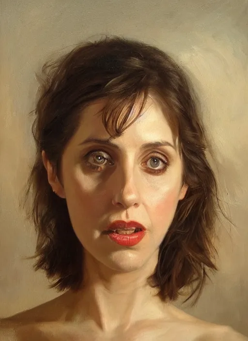 Prompt: unnerving realistic oil painting portrait of Alison Brie by Jan Matejko’s Stanczyk, realistic, dramatic backlighting