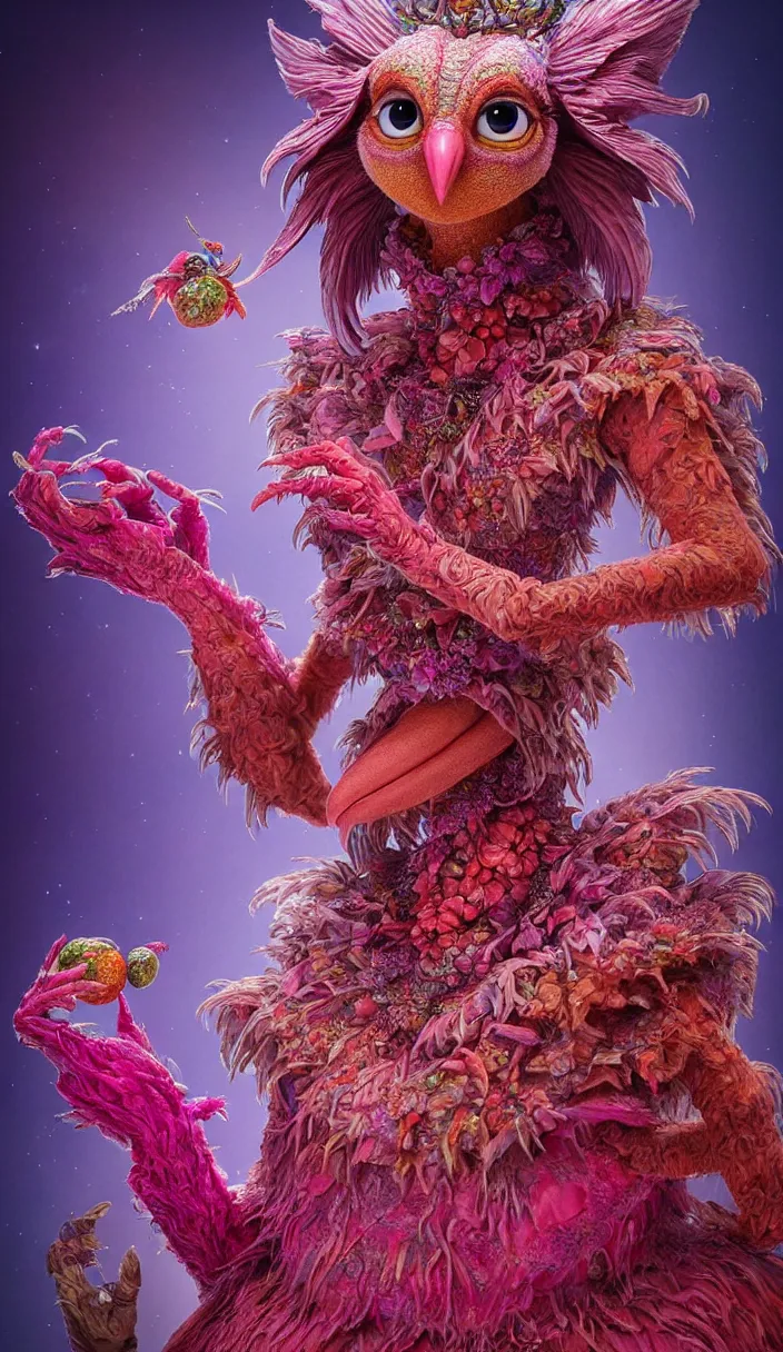 Image similar to hyper detailed 3d render like a Oil painting - kawaii portrait Aurora (a beautiful skeksis muppet fae queen from dark crystal that looks like Anya Taylor-Joy) seen red carpet photoshoot in UVIVF posing in scaly dress to Eat of the Strangling network of yellowcake aerochrome and milky Fruit and His delicate Hands hold of gossamer polyp blossoms bring iridescent fungal flowers whose spores black the foolish stars by Jacek Yerka, Ilya Kuvshinov, Mariusz Lewandowski, Houdini algorithmic generative render, Abstract brush strokes, Masterpiece, Edward Hopper and James Gilleard, Zdzislaw Beksinski, Mark Ryden, Wolfgang Lettl, hints of Yayoi Kasuma and Dr. Seuss and Juli Adams (SEATTLE), octane render, 8k