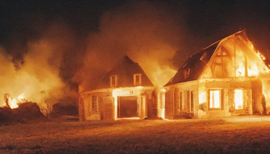 Image similar to 1 9 7 0 s movie still of a heavy burning french style little house by night in autumn, in a small northern french village, by sony mini dv camera, heavy grain, low quality, high detail, dramatic light, anamorphic, flares