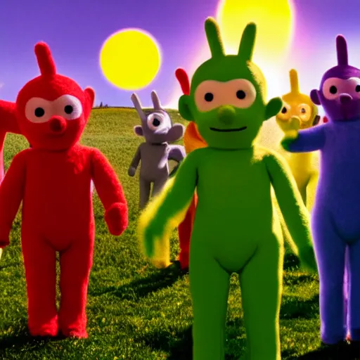 Image similar to photograph of slenderman standing behind some teletubbies, waving its arm, cinematic shot, backlighted