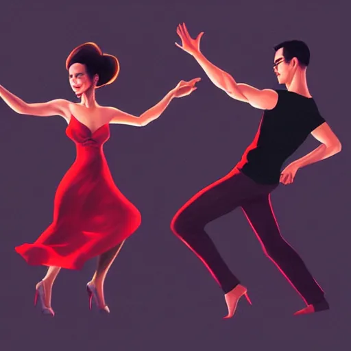 Image similar to semi realistic portrait Salsa Dancing by Stanley Artgerm Lau, strong rim light, Gesture draw, Salsa Social Dance, couple, Salsa tricks,Noir dark background, WLOP, Rossdraws, Gesture draw, James Jean, Andrei Riabovitchev, Marc Simonetti, and Sakimichan, trending on artstation