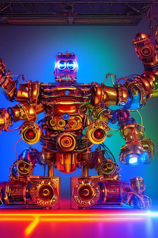 Prompt: portrait photo of a giant huge golden and blue metal humanoid steampunk robot dj with multicolored big gears and tubes, a red dj booth, eyes are glowing red lightbulbs, shiny crisp finish, 3 d render, 8 k, insaneley detailed, fluorescent colors, background is multicolored lasershow