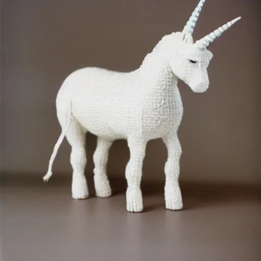 Prompt: a white unicorn completely made from yarn, string, fabric, heavy film grain, color photo, 35mm, kodak film, photorealistic, very detailed, taken on a large format camera, 35mm, by annie leibovitz