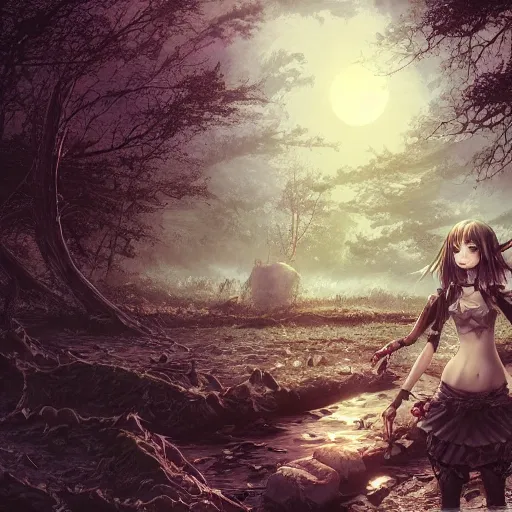 Image similar to goth woman in a moonlight view, in a forest, a river, tankoban, 4 k, tone mapping, akihiko yoshida, james jean andrei riabovitchev marc simonetti, yoshitaka amano, long hair, curly, h. hydrochaeri