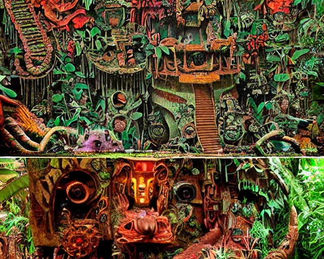 Image similar to mayan jaguar punk exploring an alien garden las pozas, 1 9 7 0's sci - fi, lofi technology, deep aesthetic colors, 8 k, highly ornate intricate details, extreme detail, cut out collage, william s burroughs