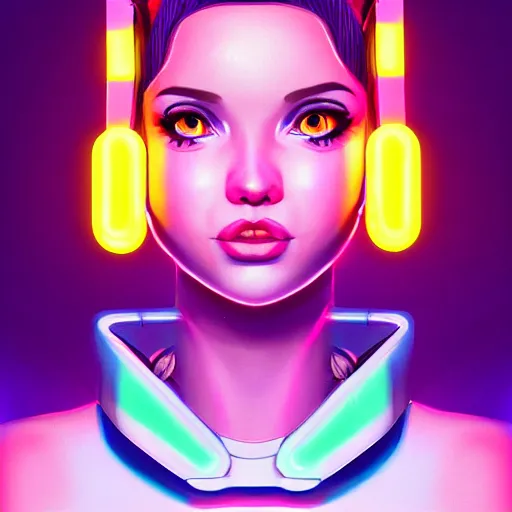 Image similar to portrait of a cute young woman with robot ears and eyes, 4k, sharp focus, neon colored fluorescent lighting, Andreas Rocha