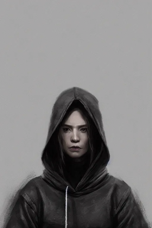 Image similar to A portrait of a women wearing a techwear hoody by Greg Rutkowski, Sung Choi, Mitchell Mohrhauser, Maciej Kuciara, Johnson Ting, Maxim Verehin, Peter Konig, Bloodborne , 8k photorealistic, cinematic lighting, HD, high details, dramatic, atmospheric , trending on artstation