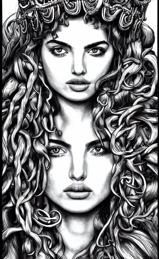 Image similar to ana de armas as medusa from greek mythology, ink drawing, hyperdetailed, 8 k realistic, trending on artstation, by alphonso dunn
