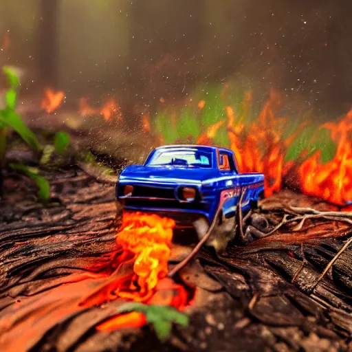 Image similar to macro photography of a toy hot wheels car driving through a forest fire, 3 5 mm