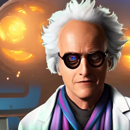 Prompt: screenshot of doctor emmett brown as an overwatch hero