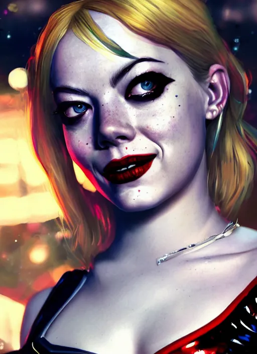 Image similar to cosmic portrait of emma stone as harley quinn, hyper detailed, digital art, trending in artstation, cinematic lighting, studio quality, smooth render, unreal engine 5 rendered, octane rendered, art style by klimt and nixeu and ian sprigger and wlop and krenz cushart.