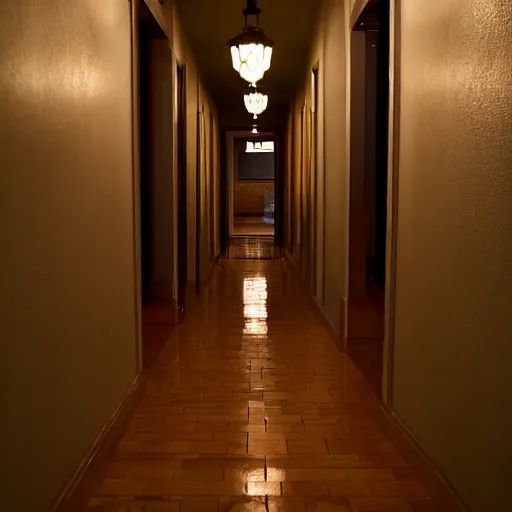 Prompt: photo of a candle lit hallway