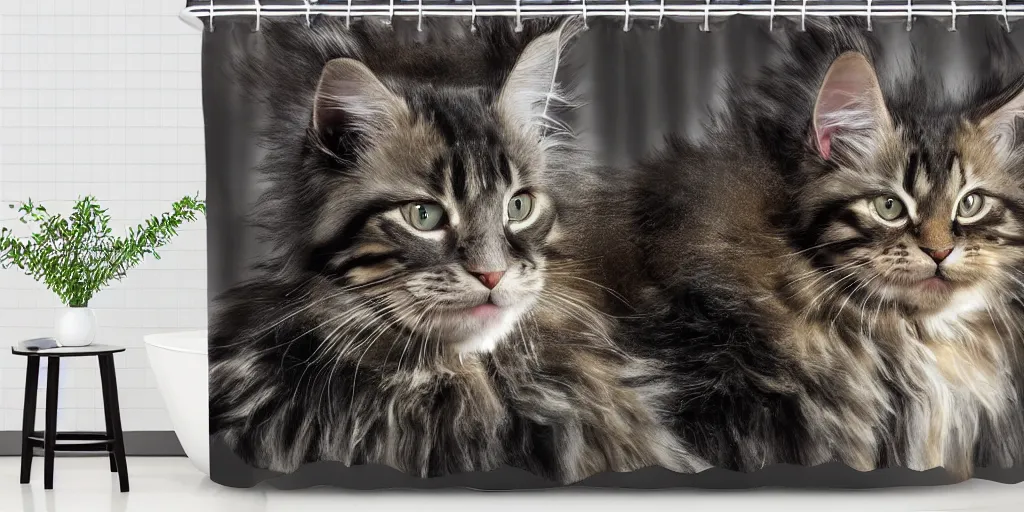 Image similar to a ( ( ( ( ( maine coon kitten ) ) ) ) ) in mandolorian ( tv ) artwork themed shower curtain, shower curtain. digital art. product photography. product lighting. 4 k, highly detailed. saturated.