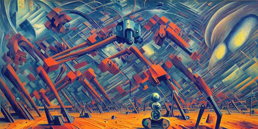 Image similar to Dynamism of a giant robot by Simon Stålenhag and Umberto Boccioni, oil on canvas