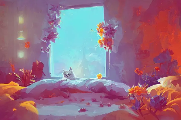 Image similar to a digital art of a cat sleeping in the room with flowers around in the afternoon, the sun shines in, animal, light effect, highly detailed, by anton fadeev