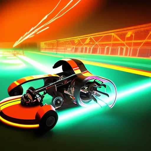 Prompt: go - kart racer taking a corner at speed on a race track, motion blur, laser, smoke, debris, fast movement, artistic angle, light streaks, dark mood, night time, octane render, intricate detail, teal and orange colour palette