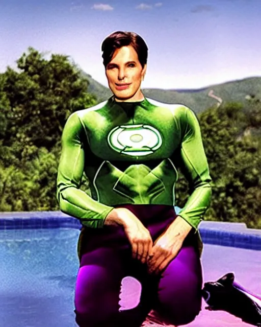 Prompt: photograph of actor Christoper Reeve dressed as a Green Lantern, lounging by an infinity pool on a mystical Alien planet with voluminous purple clouds, Sunny Day