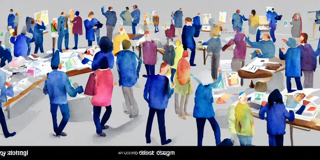 Image similar to watercolor illustration style, group of office workers cats in jackets select a different type of project before start design production, business, inspiring art