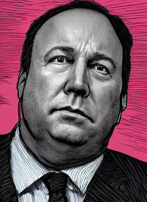 Prompt: sad alex jones surrounded in a dark murky room, highdetailed illustration