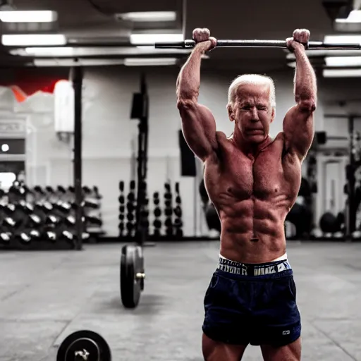 Prompt: cinematic shot of muscular shirtless Joe Biden lifting weights in a gym, 8k, dslr, very detailed, very intricate, depth of field,