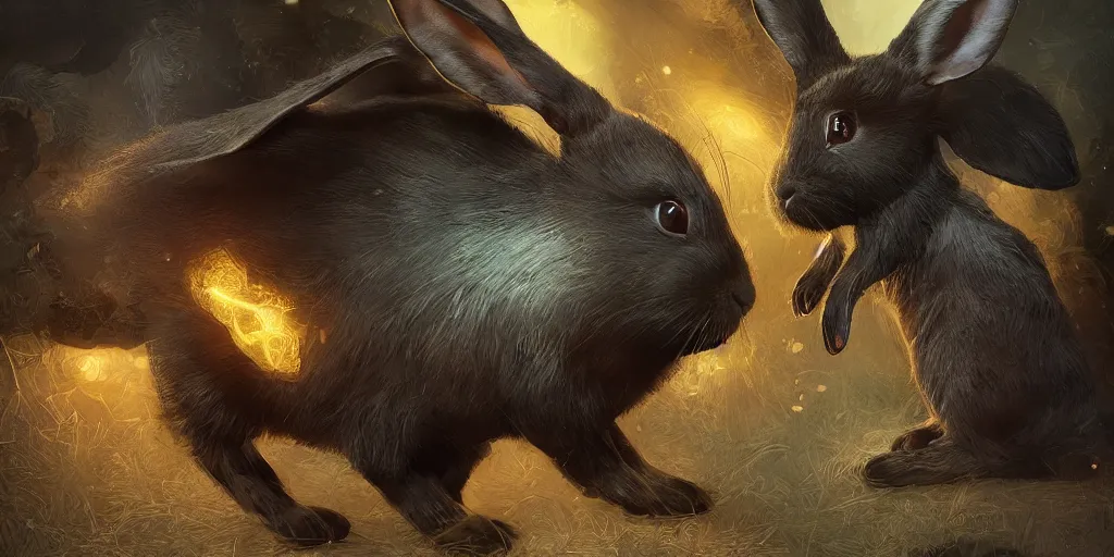 Prompt: black biomecanical rabbit is watches on his smartphone, hyper detailed, digital art, fantasy illustration, trending in artstation, cinematic lighting, studio quality, smooth render, unreal engine 5 rendered, octane rendered, art style by klimt and nixeu and ian sprigger and wlop and krenz cushart