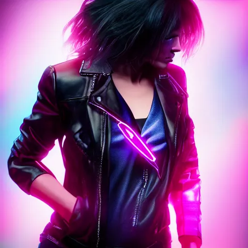 Prompt: a photo of 8k ultra realistic a black haired female in high heels and a black leather jacket, pink and blue neon, face enhance, cinematic lighting, trending on artstation, 4k, hyperrealistic, focused, extreme details, unreal engine 5, cinematic, masterpiece