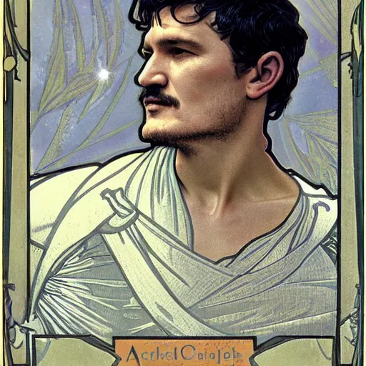 Prompt: pedro pascal portrait by louis - theophile hingre and alphonse mucha, realistic, sharp focus, zodiac signs, tarot cards, planets, ethereal, art nouveau, magic, moon, sun, crown, dreamy, royal, jewellery
