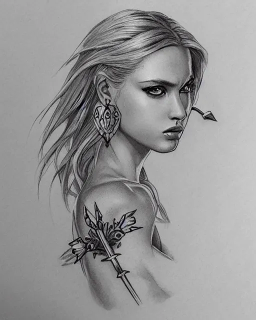 Image similar to tattoo sketch of beautiful greek goddess aphrodite with arrow earrings, beautiful piercing eyes, flowing blonde hair, realistic face, hyper realistic, in the style of greg rutkowski, fantasy, amazing detail, epic, intricate, elegant, smooth, sharp focus