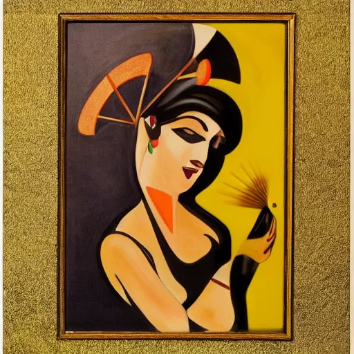 Prompt: lady with a fan, art deco surrealism