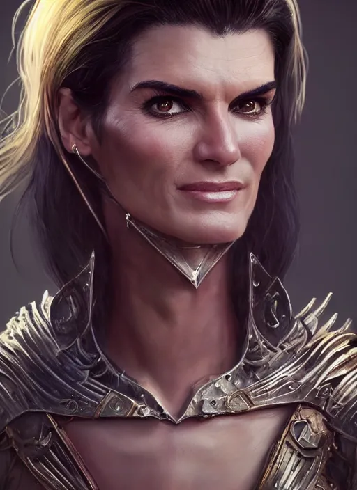 Prompt: portrait of angie harmon as a legendary knight warrior, au naturel, hyper detailed, digital art, trending in artstation, cinematic lighting, studio quality, smooth render, unreal engine 5 rendered, octane rendered, art style by klimt and nixeu and ian sprigger and wlop and krenz cushart.