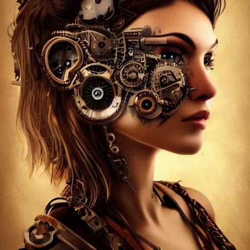 Image similar to beautiful half human half steampunk cyborg portrait, steampunk, extremely detailed, lush, gears, pretty, cinematic lighting, epic, intense, long hair, brown eyes, cool,