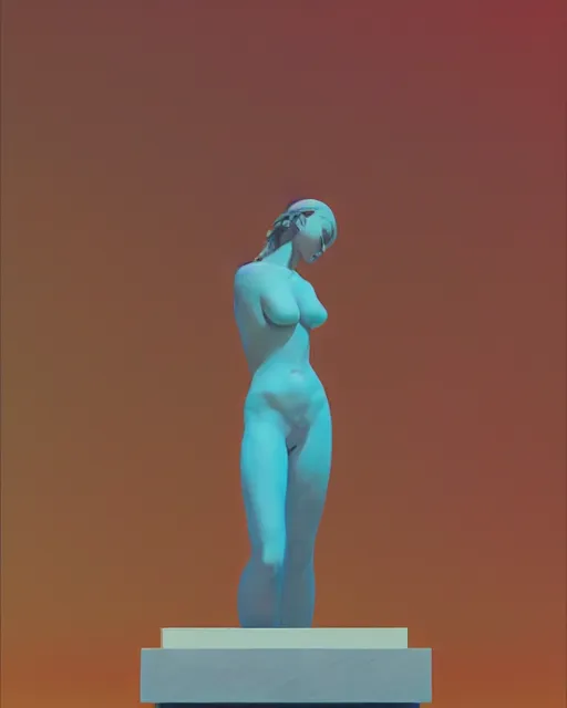 Image similar to a painting of a woman standing in front of a statue, a screenshot by stanley twardowicz, cgsociety, aestheticism, aesthetic, vaporwave, anime aesthetic