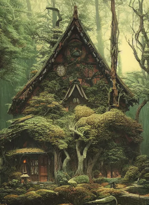 Image similar to hyper realistic witch cottage japanese shrine in the woods gorgeous lighting, highly detailed, lush forest painting by zdzisław beksinski and norman rockwell and greg rutkowskiweta studio, and lucasfilm