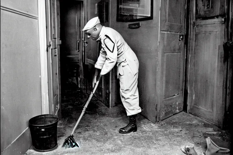 Prompt: a new yorker style cartoo of a soldier cleaning a room