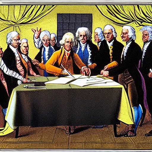 Prompt: comic of thomas jefferson signing the declaration of independence, by gary larson