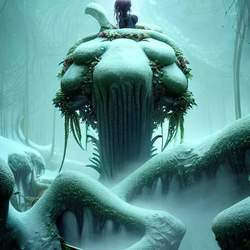 Image similar to a giant creature in a lush trunda vegetation, snow snow : : by michal karcz, daniel merriam, victo ngai and guillermo del toro : : ornate, dynamic, particulate, intricate, elegant, highly detailed, centered, artstation, smooth, sharp focus, octane render, 3 d