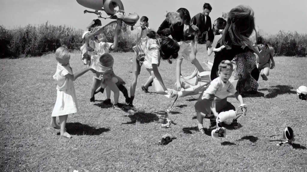 Image similar to 1 9 6 0's children playing with plastic flying tornado - and spiral - shaped toy called