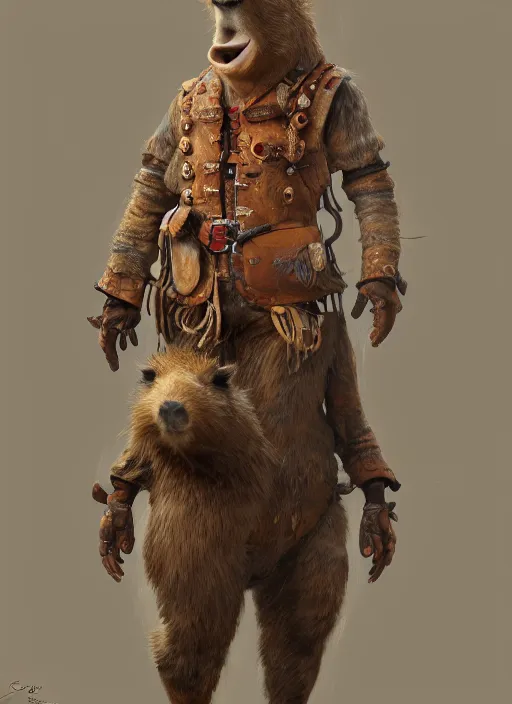 Image similar to detailed full body concept art illustration oil painting of an anthropomorphic capybara cowboy in full intricate clothing by Carel Fabritius, biomutant, ultra detailed, digital art, octane render