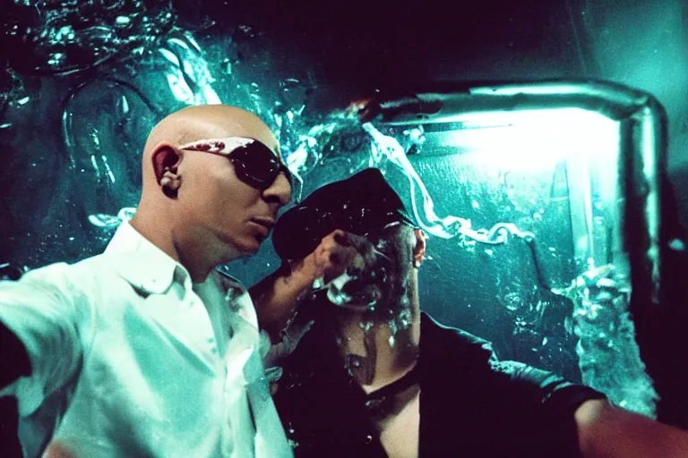 Image similar to pitbull taking a selfie with a fan while trapped in a pinball machine, submerged in goo, in 1 9 8 5, y 2 k cybercore, industrial low - light photography, still from a kiyoshi kurosawa movie
