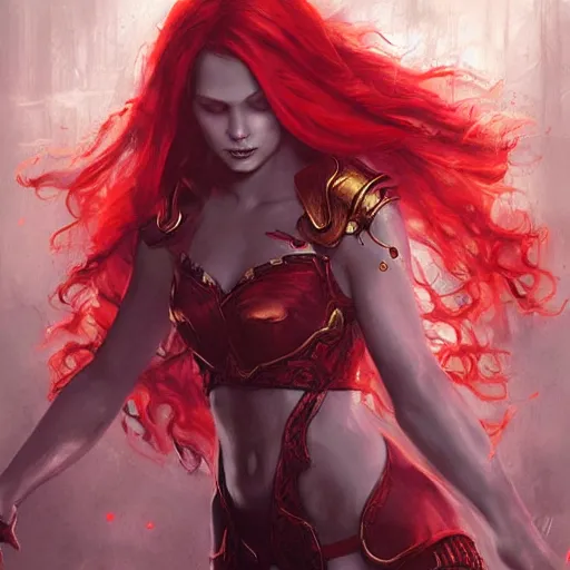 Prompt: a beautiful painting of a floating redhead fire sorceress with a circlet and a red outfit by Raymond Swanland
