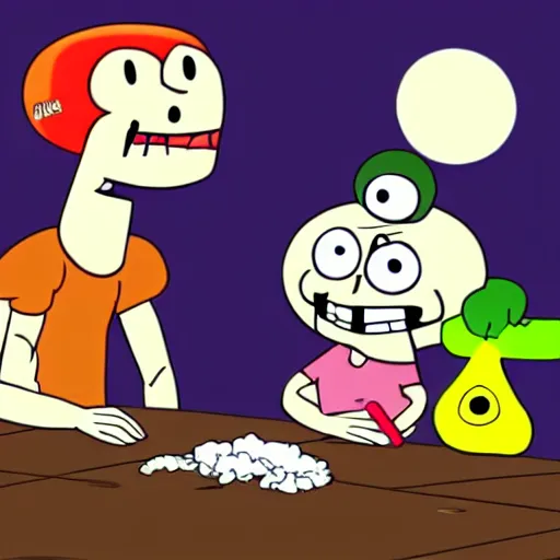 Prompt: billy and mandy rolling a cannabis joint with grim