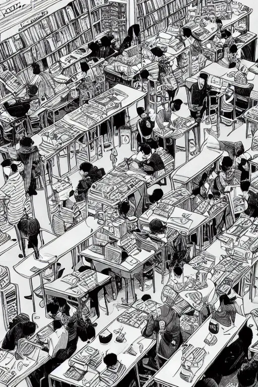 Image similar to surreal line art by kim jung gi!, an extremely busy coffee and book shop store, couches and chairs and tables, lazy women and men everywhere drinking and eating, rule of third!!!!, line art, 8 k, super detailed, high quality, isometric view