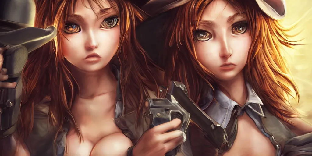 Prompt: a portrait one person, complexity, global lighting, detail, ultra sharpness, beautiful female sheriff body from games yoshihiro togashi style, big eyes, plump lips, a gunshot, global lighting, western saloon theme, detailed faces, blank faces, style by huyy nguyen,