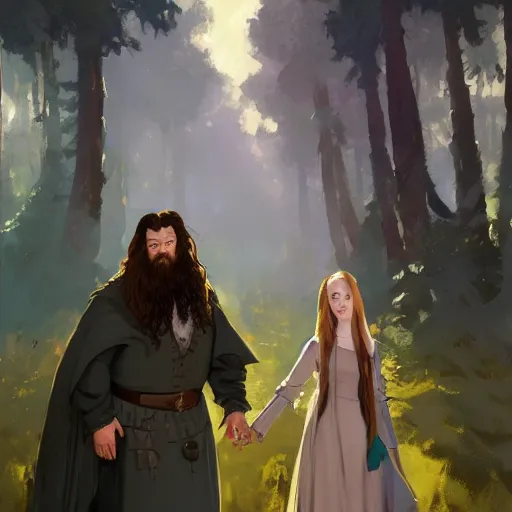 Image similar to hagrid the viking and gothic medieval morticia addams walking in enchanted forest in a sunny day, jodhpurs greg manchess painting by sargent and leyendecker, studio ghibli fantasy medium shot asymmetrical intricate elegant matte painting illustration hearthstone, by greg rutkowski by greg tocchini by james gilleard