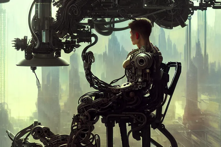 Image similar to ultra realistic, beautiful male cyborg plugged into the internet, sitting in chair, sci - fi, intricate details, eerie, highly detailed, octane render, 8 k, art by artgerm and alphonse mucha and greg rutkowski